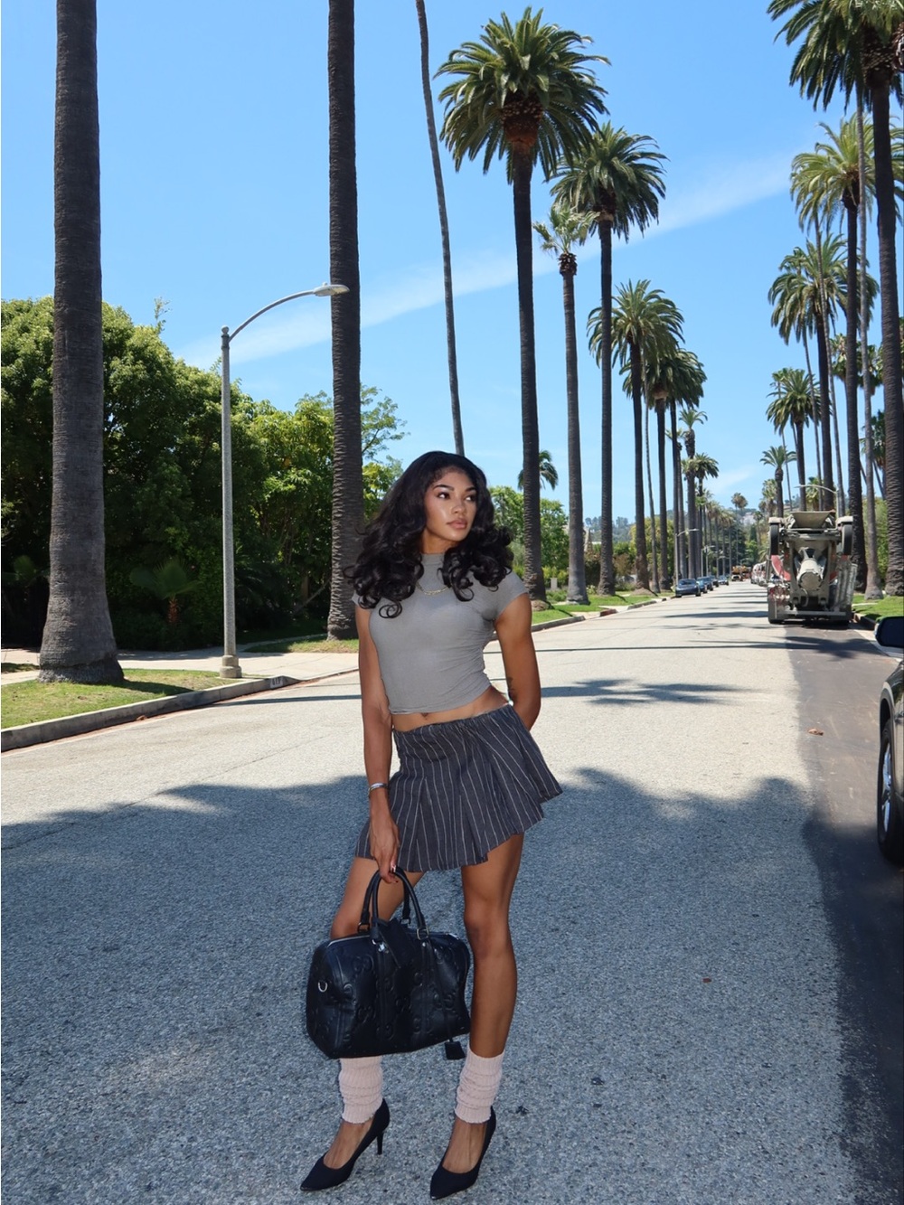 Oh Polly Charcoal Pinstripe Pleated Mini Skirt